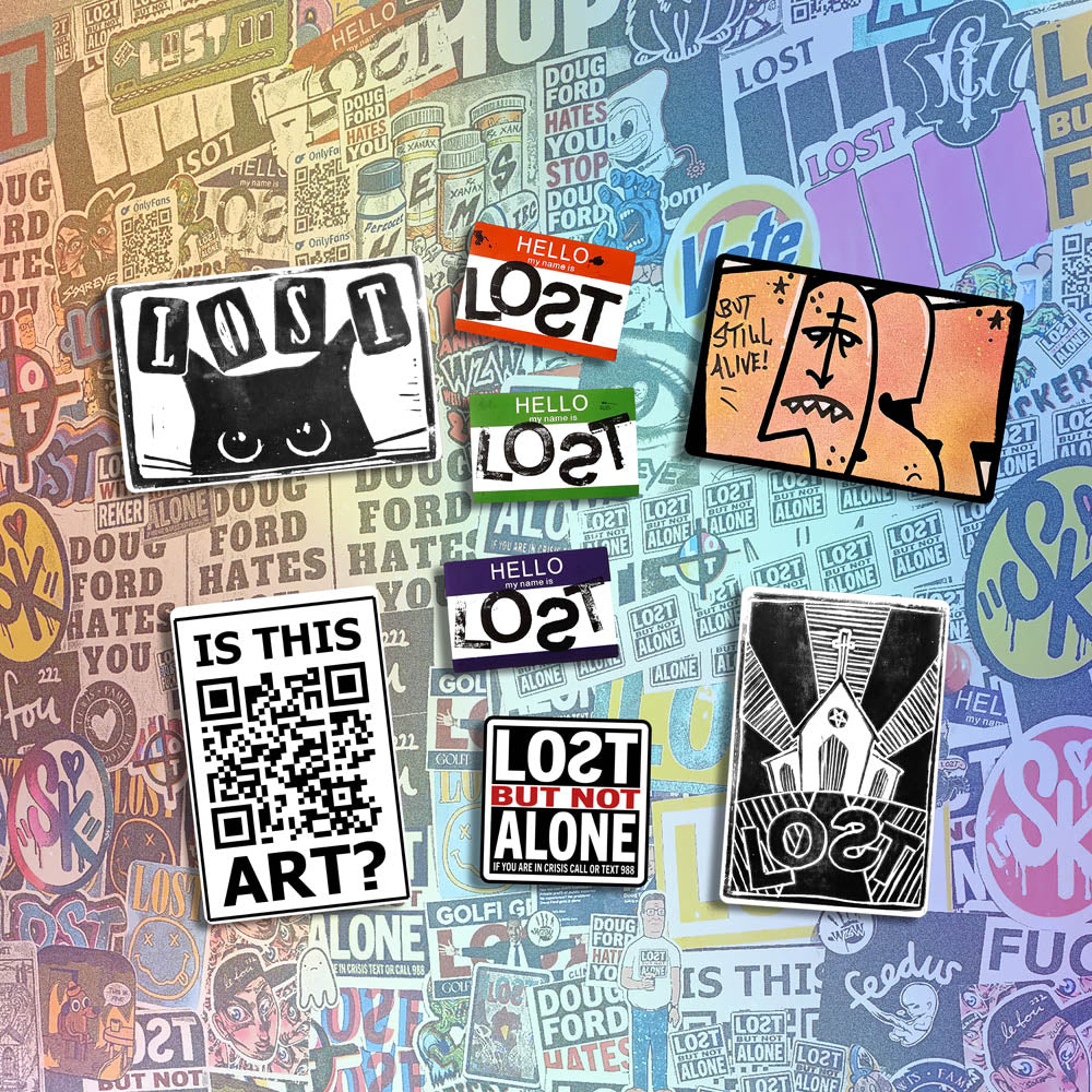 A large display of graffiti stickers of various sizes and colors. The display includes a selection of hand drawn stickers, stamped stickers, and diecut graffiti stickers. These stickers are shown against a background of graffiti stickers.