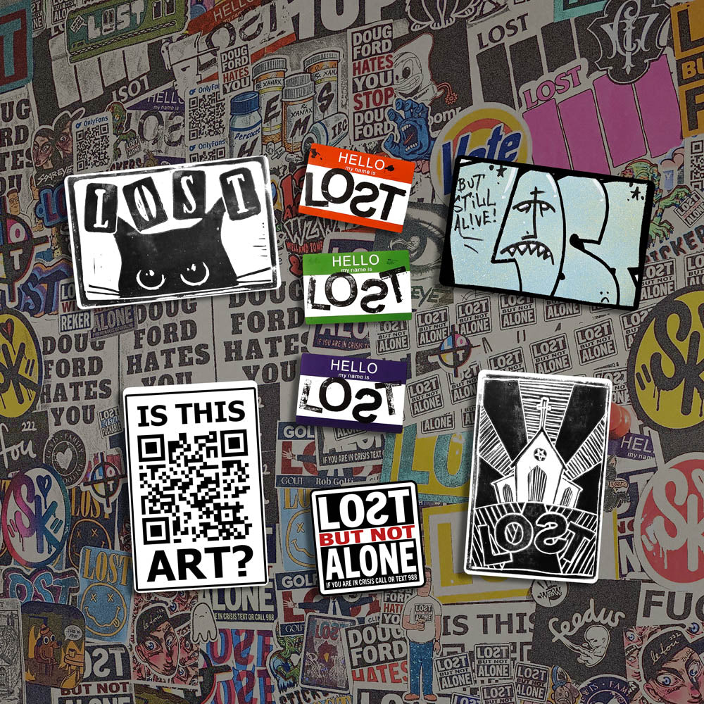 A large display of graffiti stickers of various sizes and colors. The display includes a selection of hand drawn stickers, stamped stickers, and diecut graffiti stickers. These stickers are shown against a background of graffiti stickers.