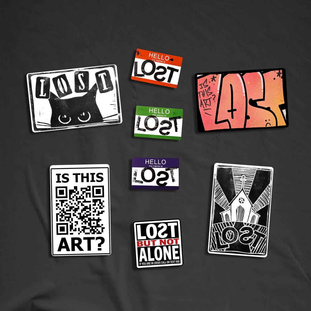 A large display of graffiti stickers of various sizes and colors. The display includes a selection of hand drawn stickers, stamped stickers, and diecut graffiti stickers. These stickers are shown against a holographic background.