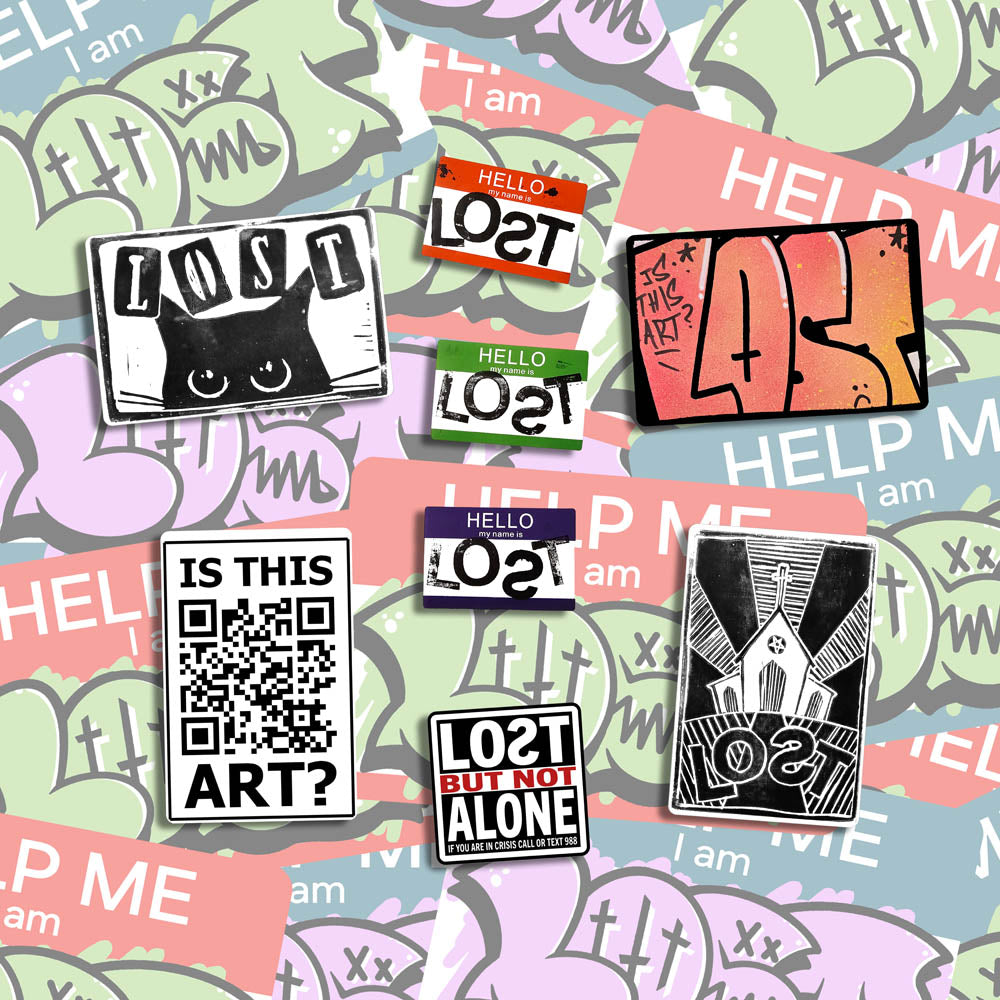 A large display of graffiti stickers of various sizes and colors. The display includes a selection of hand drawn stickers, stamped stickers, and diecut graffiti stickers. These stickers are shown against a background of graffiti stickers.