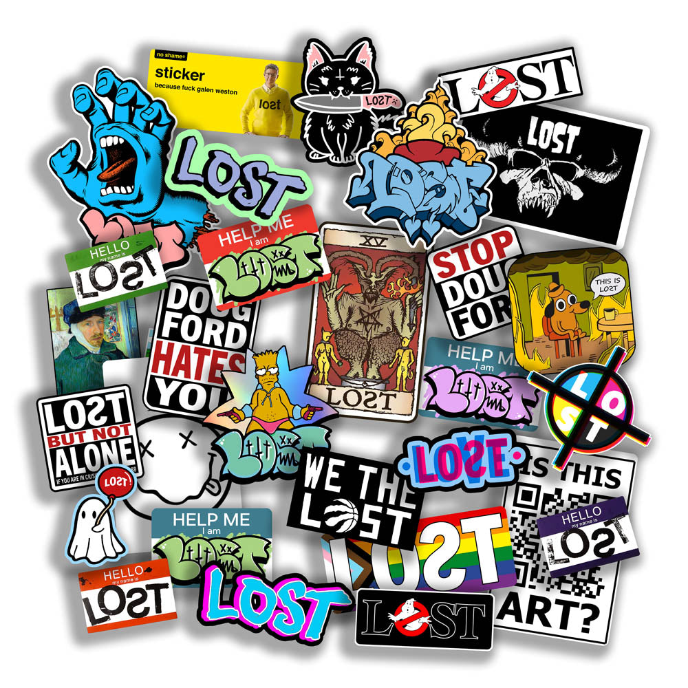 A large collection of colorful graffiti stickers spread out in front of a plain white background. The graffiti slaps and stickers are of all different shapes, sizes and colors. 