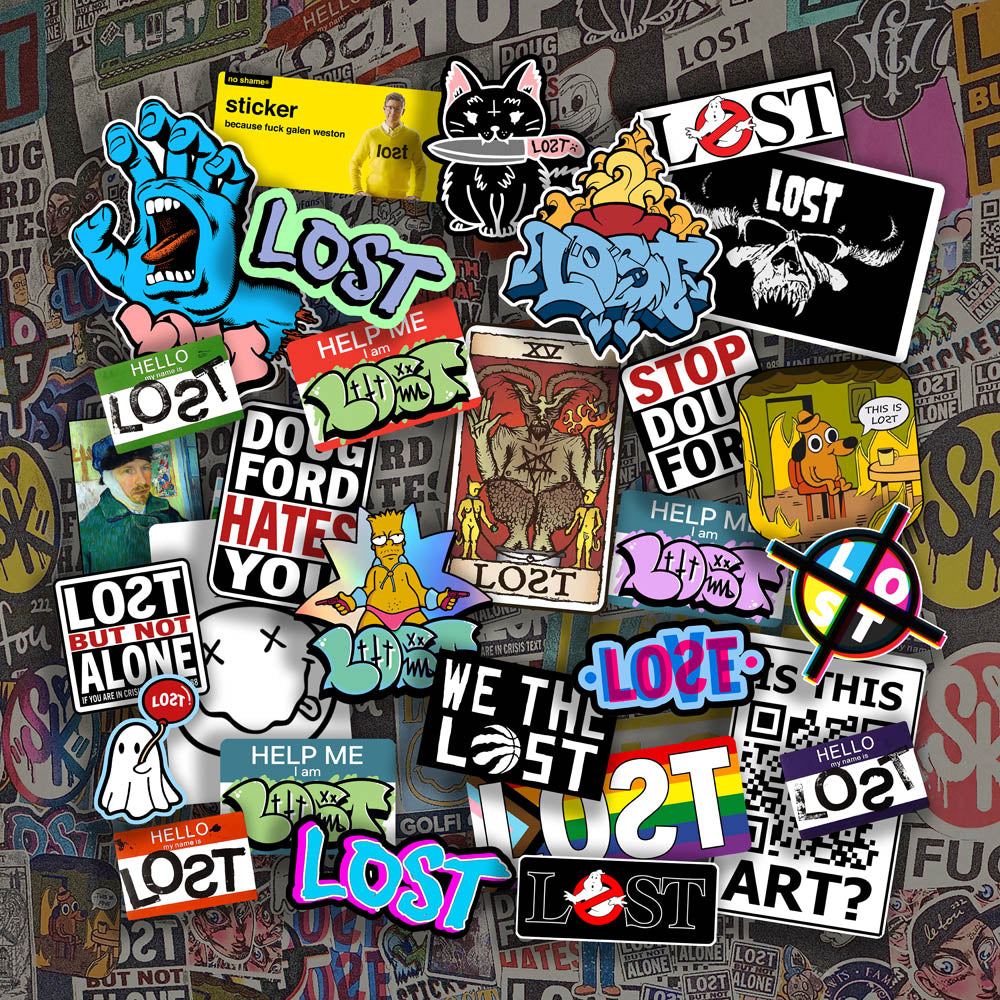 A large collection of colorful graffiti stickers spread out in front of a background of graffiti art. The graffiti slaps and stickers are of all different shapes, sizes and colors. 