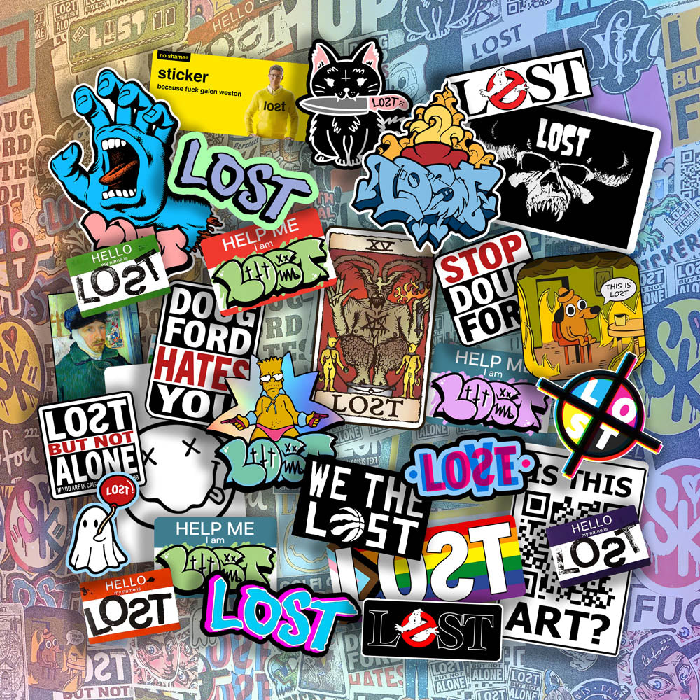 A large collection of colorful graffiti stickers spread out in front of a background of graffiti art. The graffiti slaps and stickers are of all different shapes, sizes and colors. 