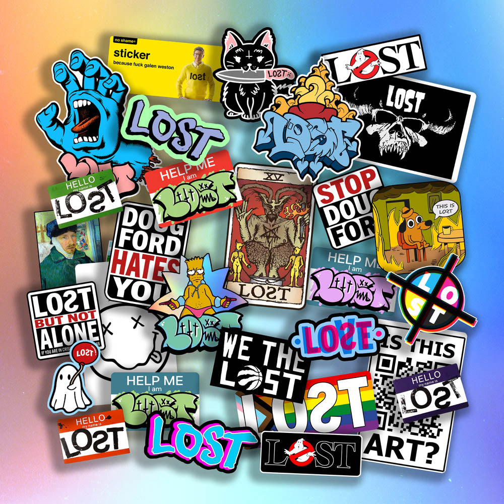 A large collection of colorful graffiti stickers spread out in front of a holographic rainbow background. The graffiti slaps and stickers are of all different shapes, sizes and colors. 