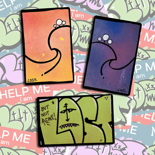 A set of 3 Colorful hand drawn graffiti stickers by LOST. Featuring simple graffiti letters or  abstract landscapes, each sticker includes the word LOST. These stickers are set against a wall of colorful graffiti stickers.