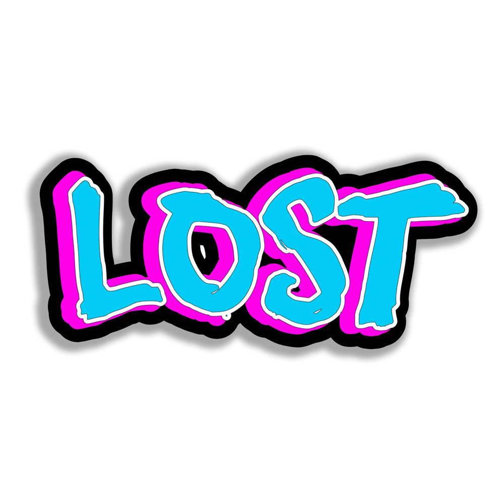 The LOST handstyle graffiti sticker. light blue writing outlined in white with a bright pink shadow on a thick black background. 