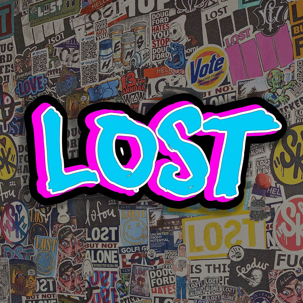 The LOST handstyle graffiti sticker. light blue writing outlined in white with a bright pink shadow on a thick black background. 