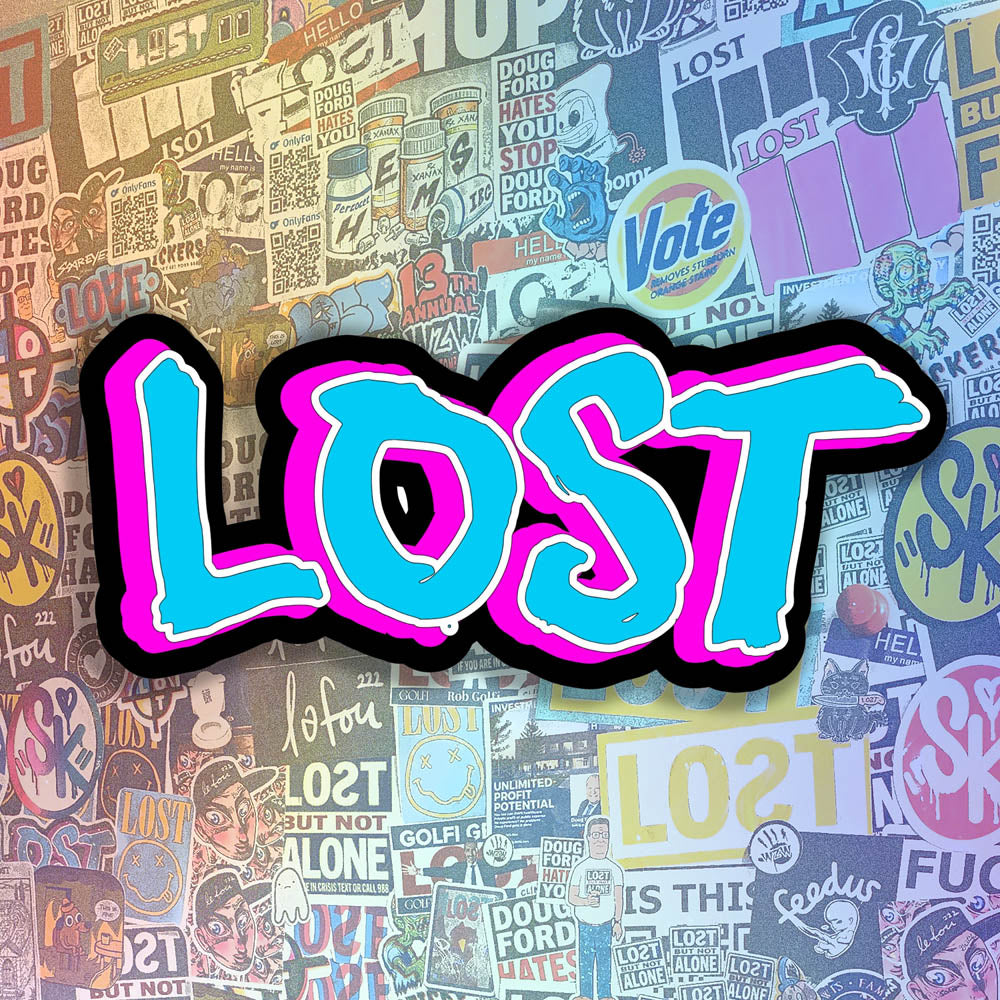 The LOST handstyle graffiti sticker. light blue writing outlined in white with a bright pink shadow on a thick black background. 