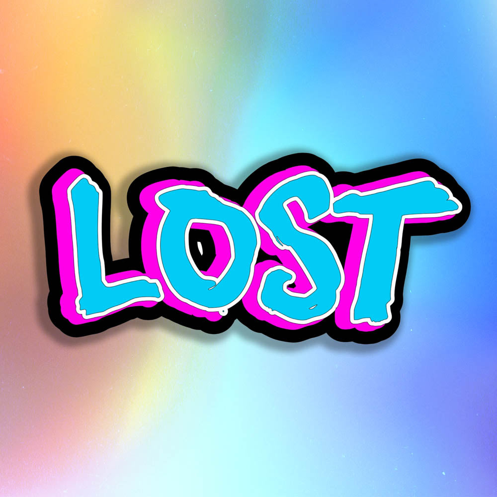 The LOST handstyle graffiti sticker. light blue writing outlined in white with a bright pink shadow on a thick black background. 