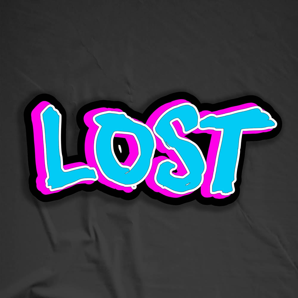 The LOST handstyle graffiti sticker. light blue writing outlined in white with a bright pink shadow on a thick black background. 