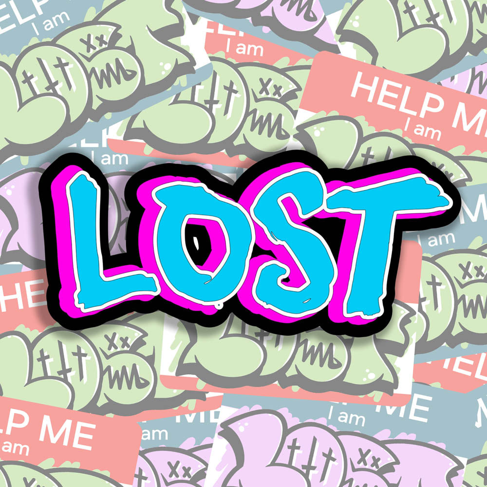 The LOST handstyle graffiti sticker. light blue writing outlined in white with a bright pink shadow on a thick black background. 