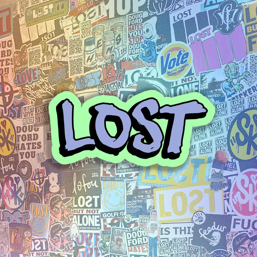 The LOST handstyle graffiti sticker. Lavender writing outlined in black with a pastel green background. 