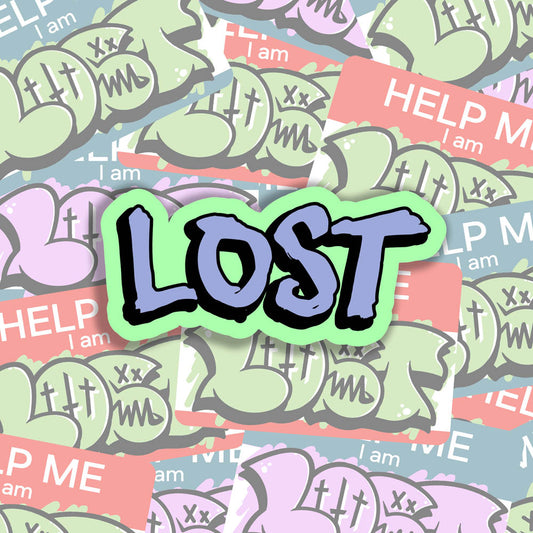 The LOST handstyle graffiti sticker. Lavender writing outlined in black with a pastel green background. 