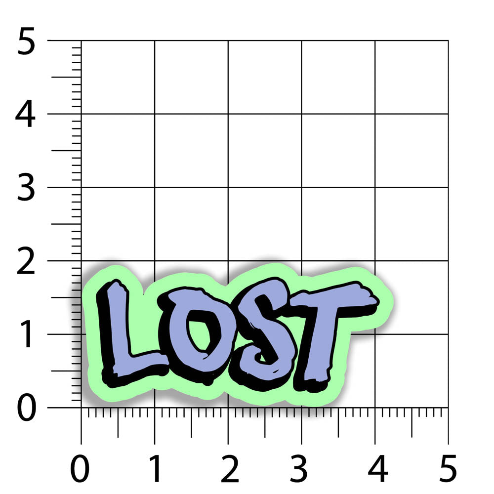 The LOST handstyle graffiti sticker. Lavender writing outlined in black with a pastel green background. 