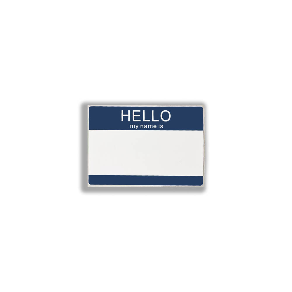 Hello my name is blank nametag sticker. A blue and white nametag sticker waiting to be tagged. The sticker is set against a white background.