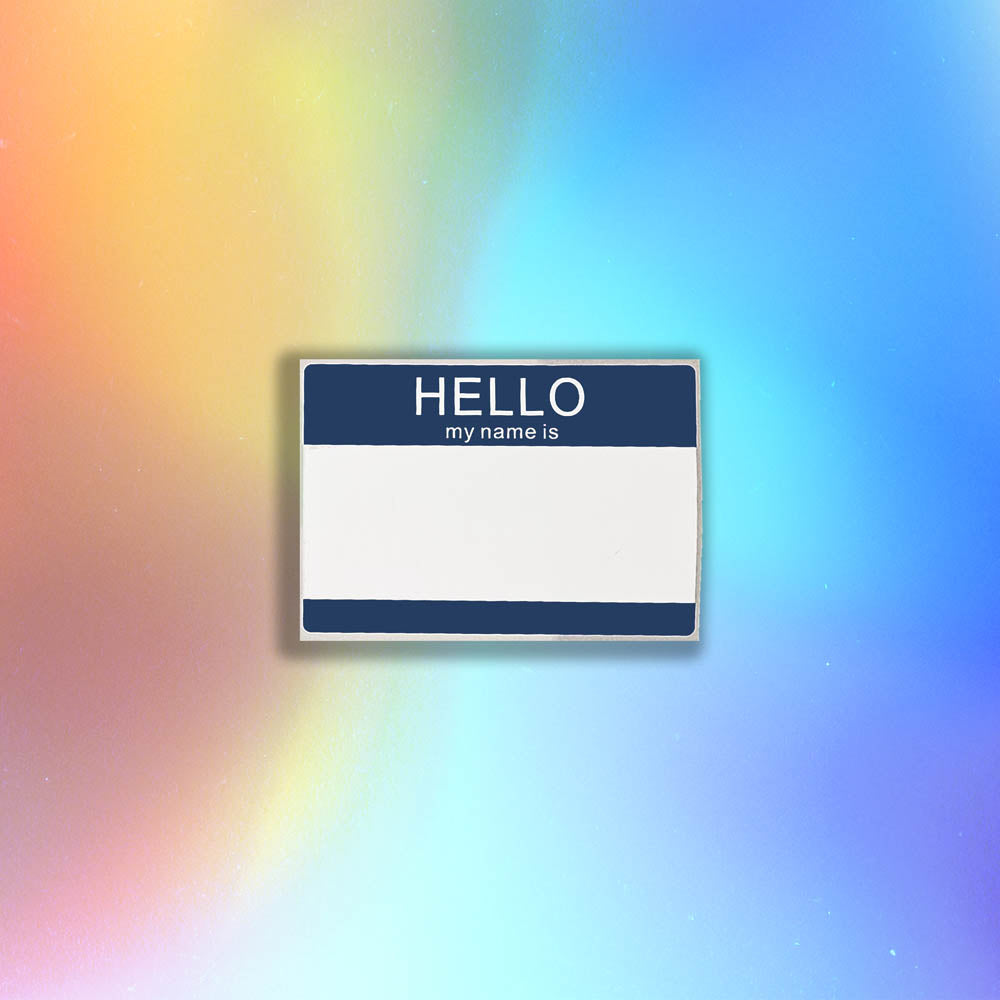 Hello my name is blank nametag sticker. A blue and white nametag sticker waiting to be tagged. The sticker is set against a holographic background.