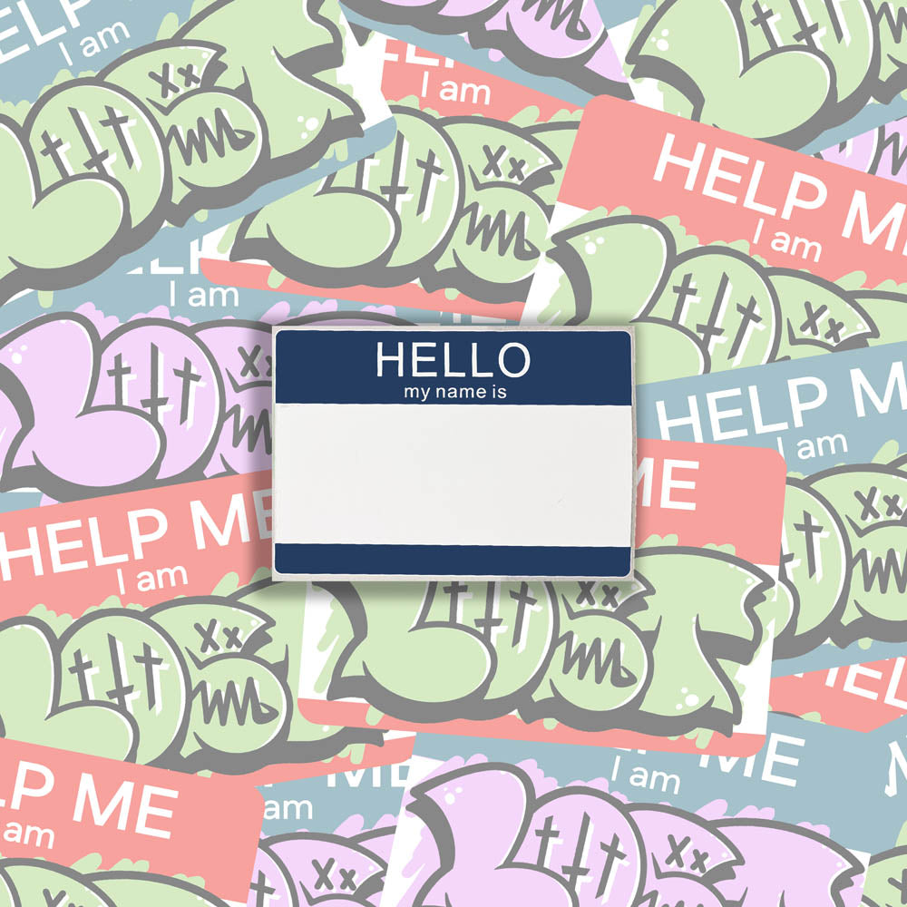 Hello my name is nametag sticker blank. A blue and white nametag sticker waiting to be tagged. The sticker is set against a collection of colorful graffiti stickers.