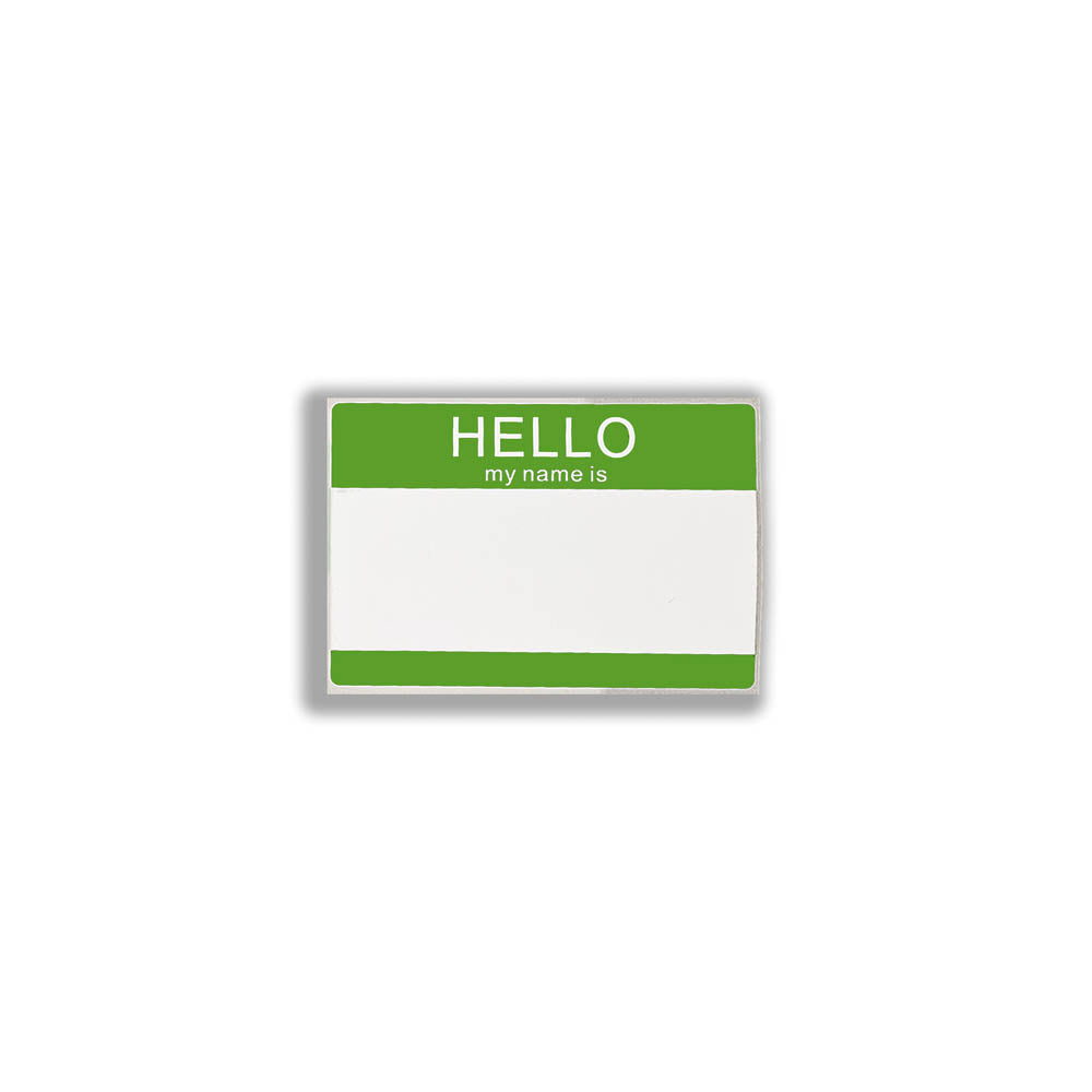 Hello my name is blank nametag sticker. A green and white nametag sticker waiting to be tagged. The sticker is set against a white background.