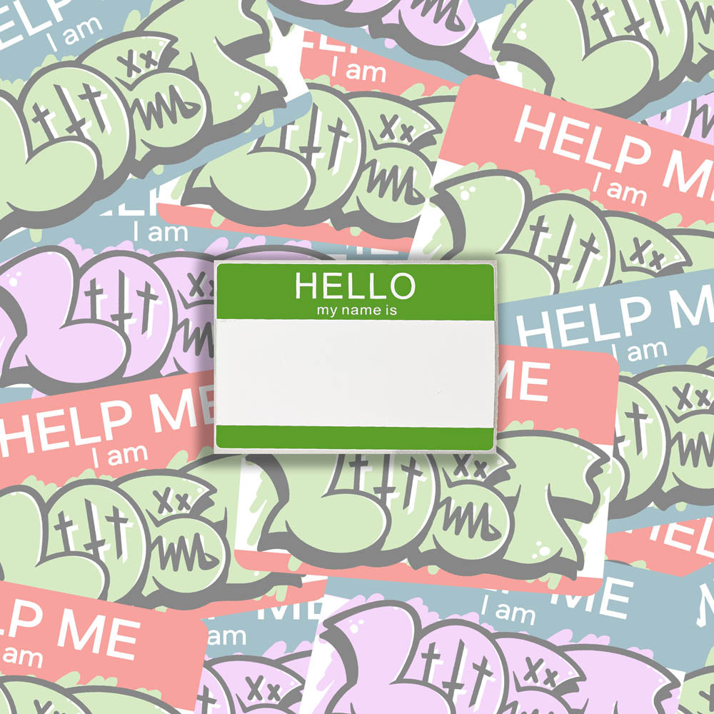 Hello my name is blank nametag sticker. A green and white nametag sticker waiting to be tagged. The sticker is set against a collection of colorful graffiti stickers.