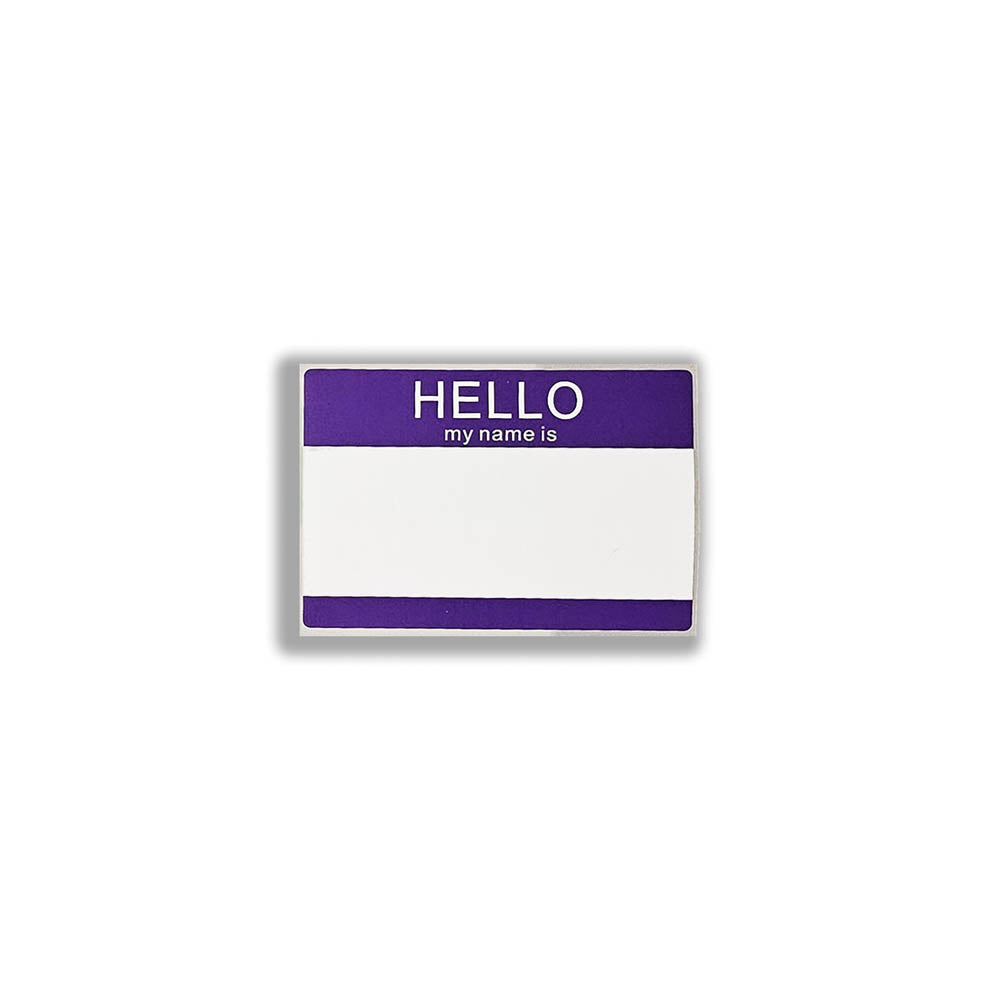 Hello my name is blank nametag sticker. A purple and white nametag sticker waiting to be tagged. The sticker is set against a white background.