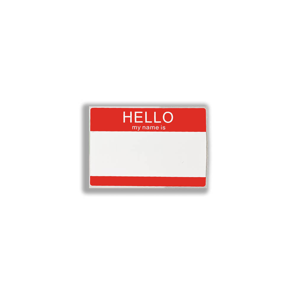 Hello my name is blank nametag sticker. A red and white nametag sticker waiting to be tagged. The sticker is set against a white background.