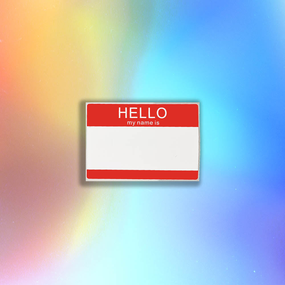 Hello my name is blank nametag sticker. A red and white nametag sticker waiting to be tagged. The sticker is set against a holographic background.