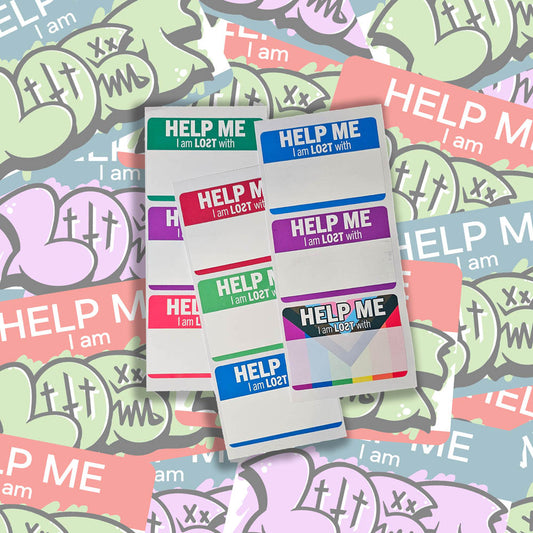 Help Me I Am LOST With - graffiti sticker nametag blanks. Colorful blank nametag stickers waiting to be tagged. These stickers are set against a collection of colorful graffiti stickers.