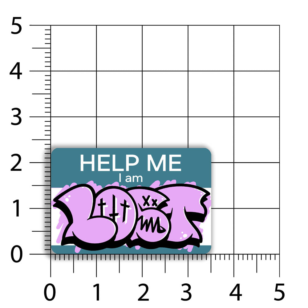 The Help Me I Am Lost graffiti nametag sticker. A blue hello my name is sticker edited to say Help Me I Am followed by a pink and black LOST graffiti throwie.