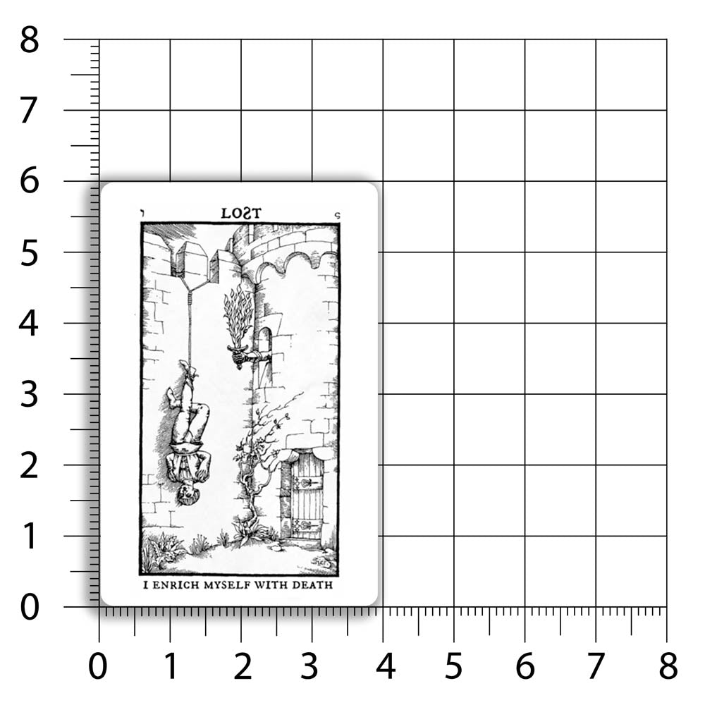 I Enrich Myself With Death thermal sticker by LOST. Black and white design featuring a tarot inspired image of a man hanging upside down. A Sizing chart shows that this rectangular sticker is 4 by 6 inches big with rounded corners.