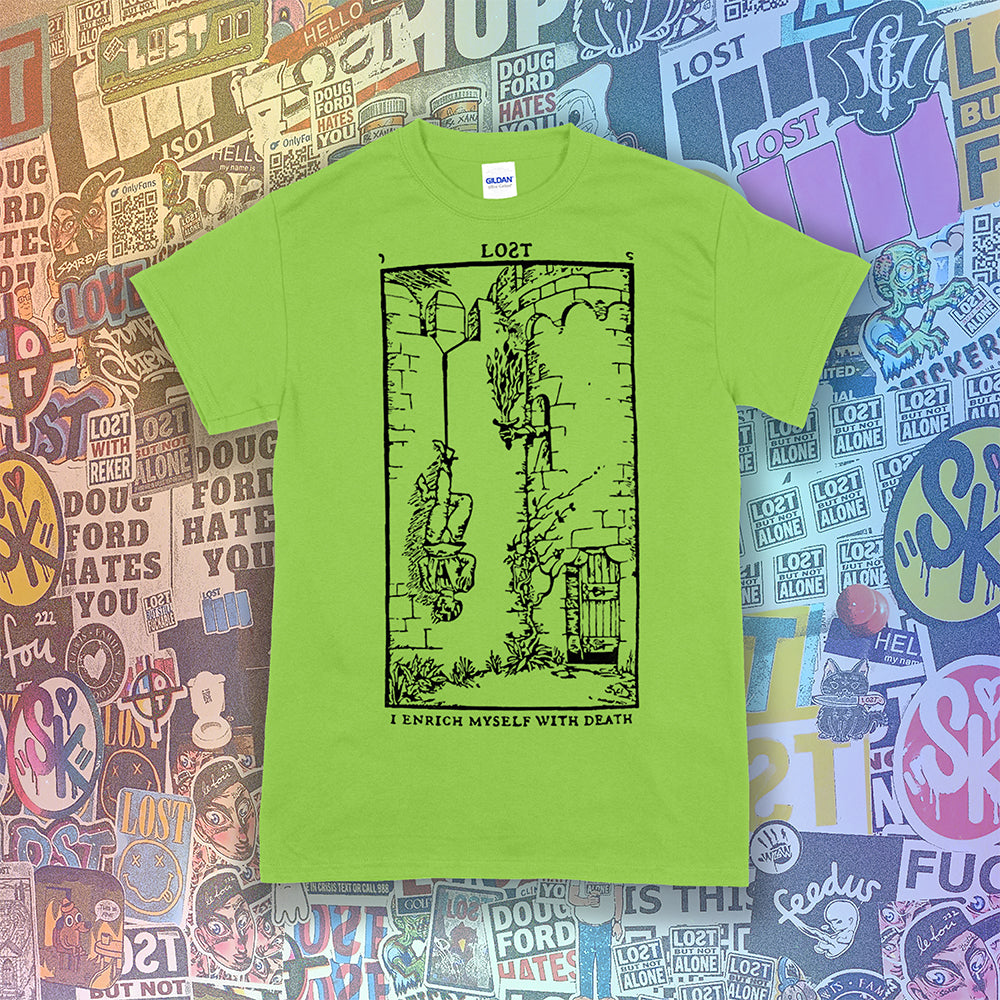 I enrich myself with death t-shirt. Tarot card inspired design screen-printed with black ink on a green cotton shirt. Lost brand streetwear.