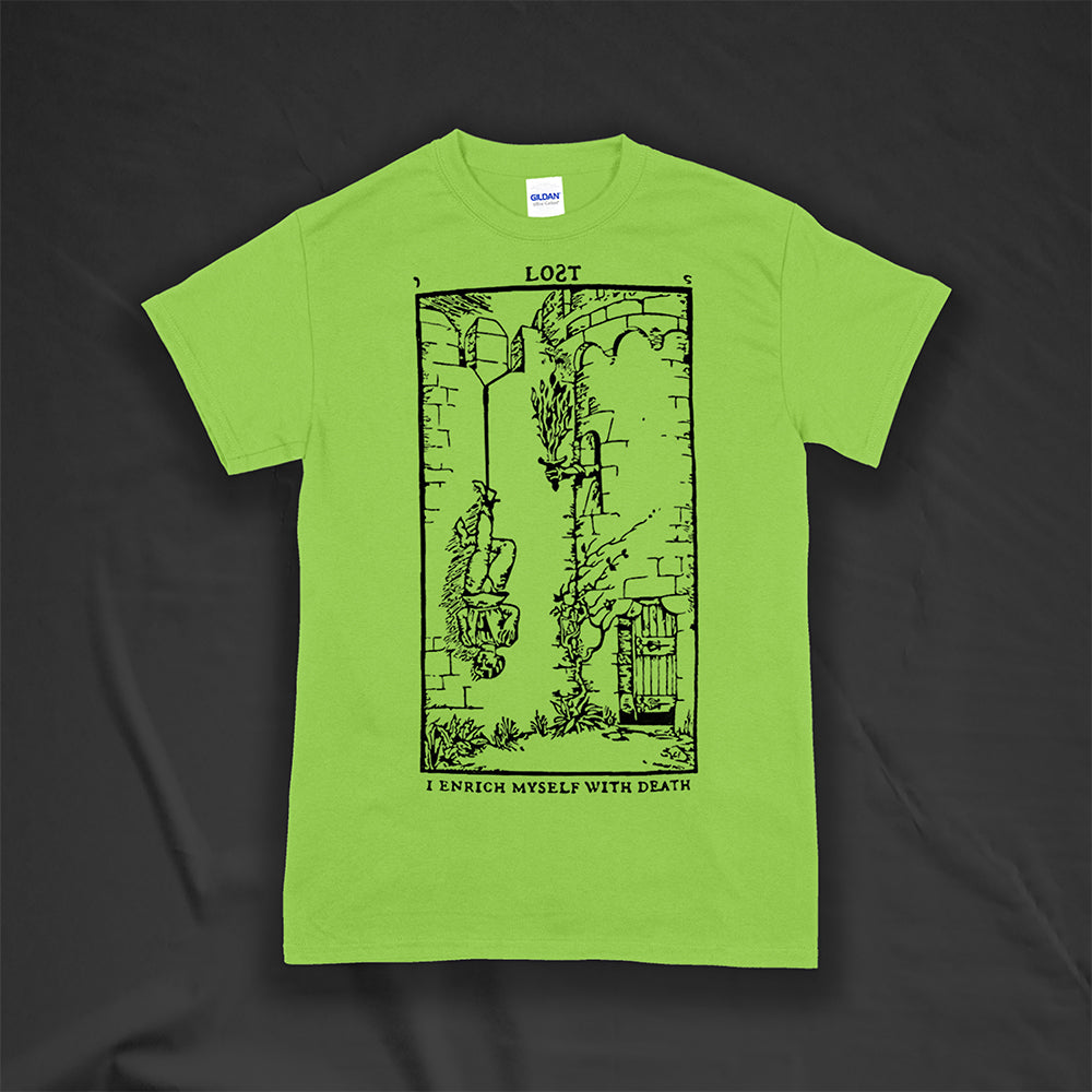 I enrich myself with death t-shirt. Tarot card inspired design screen-printed with black ink on a green cotton shirt. Lost brand streetwear.