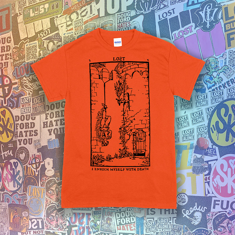 I enrich myself with death t-shirt. Tarot card inspired design screen-printed with black ink on a orange cotton shirt. Lost brand streetwear.