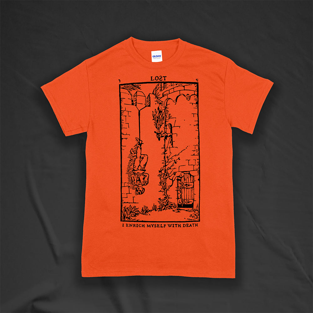 I enrich myself with death t-shirt. Tarot card inspired design screen-printed with black ink on a orange cotton shirt. Lost brand streetwear.