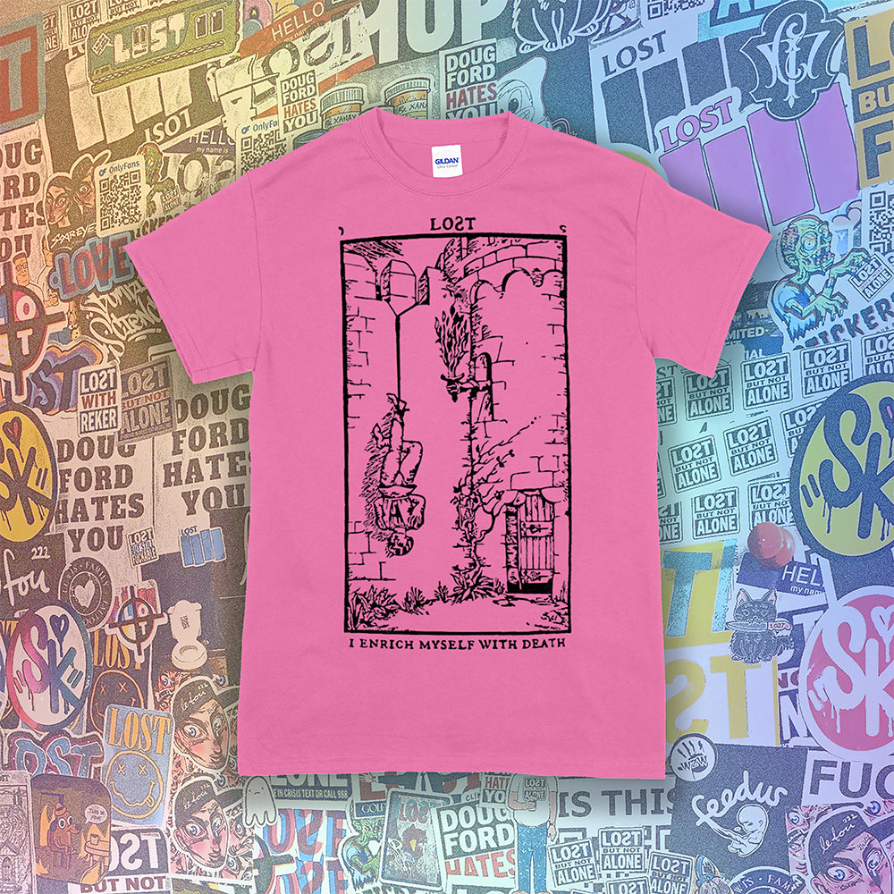 I enrich myself with death t-shirt. Tarot card inspired design screen-printed with black ink on a pink cotton shirt. Lost brand streetwear.