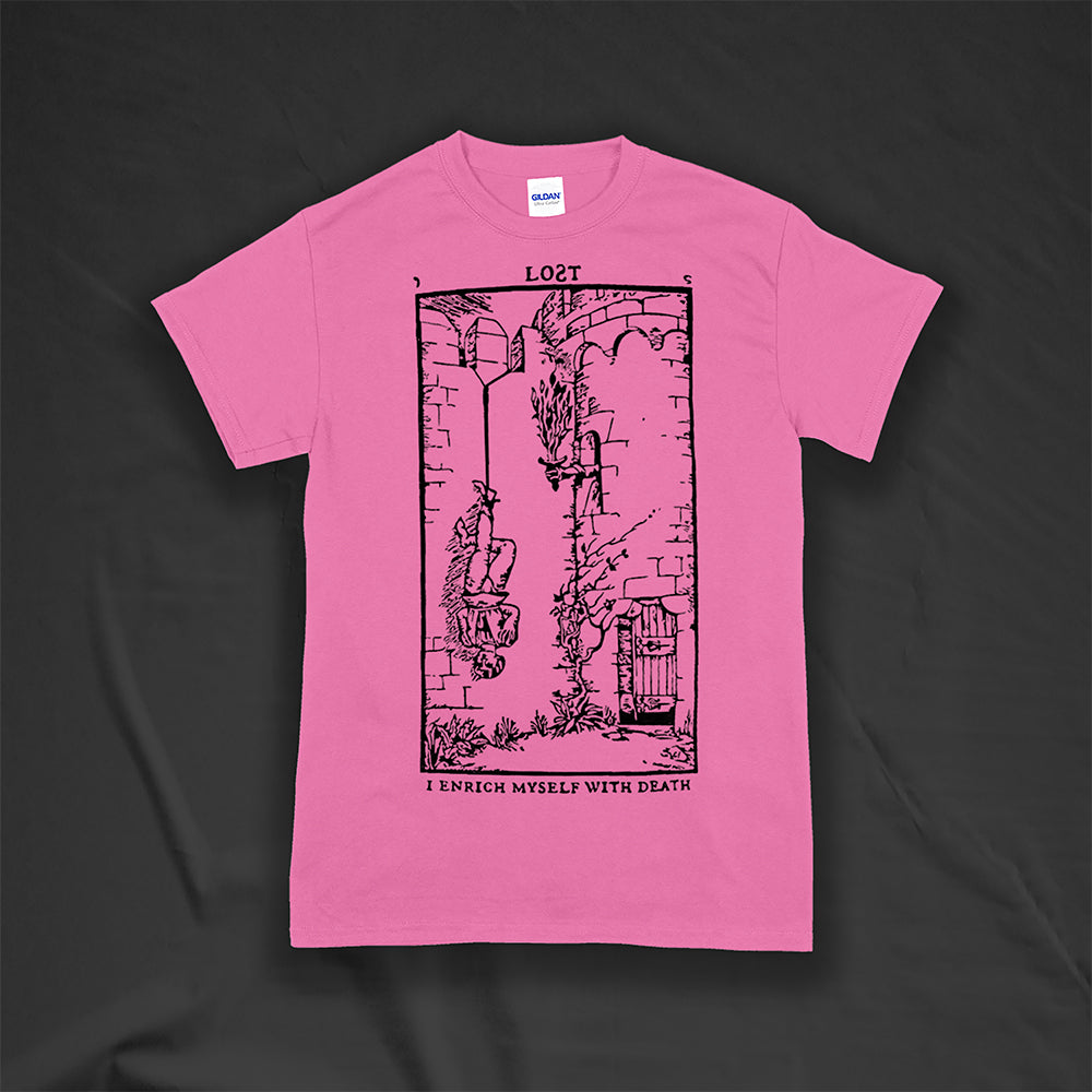 I enrich myself with death t-shirt. Tarot card inspired design screen-printed with black ink on a pink cotton shirt. Lost brand streetwear.