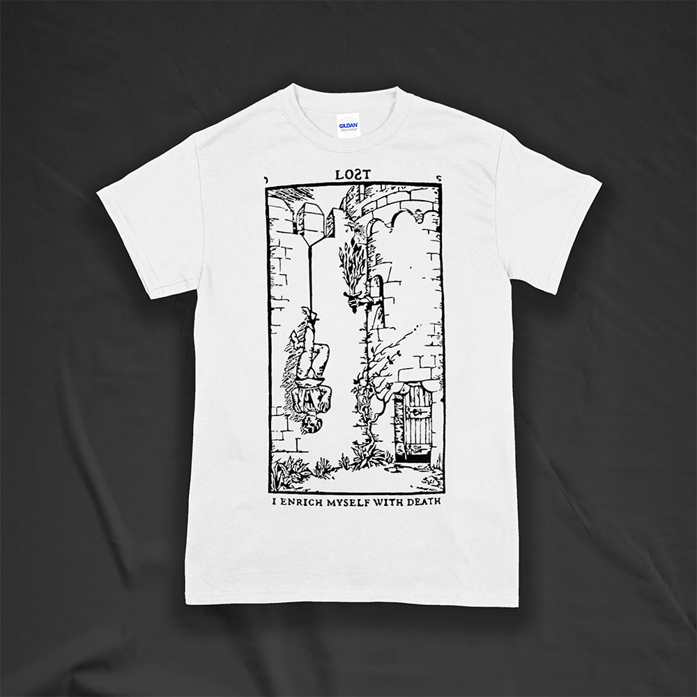 I enrich myself with death t-shirt. Tarot card inspired design screen-printed with black ink on a white cotton shirt. Lost brand streetwear.