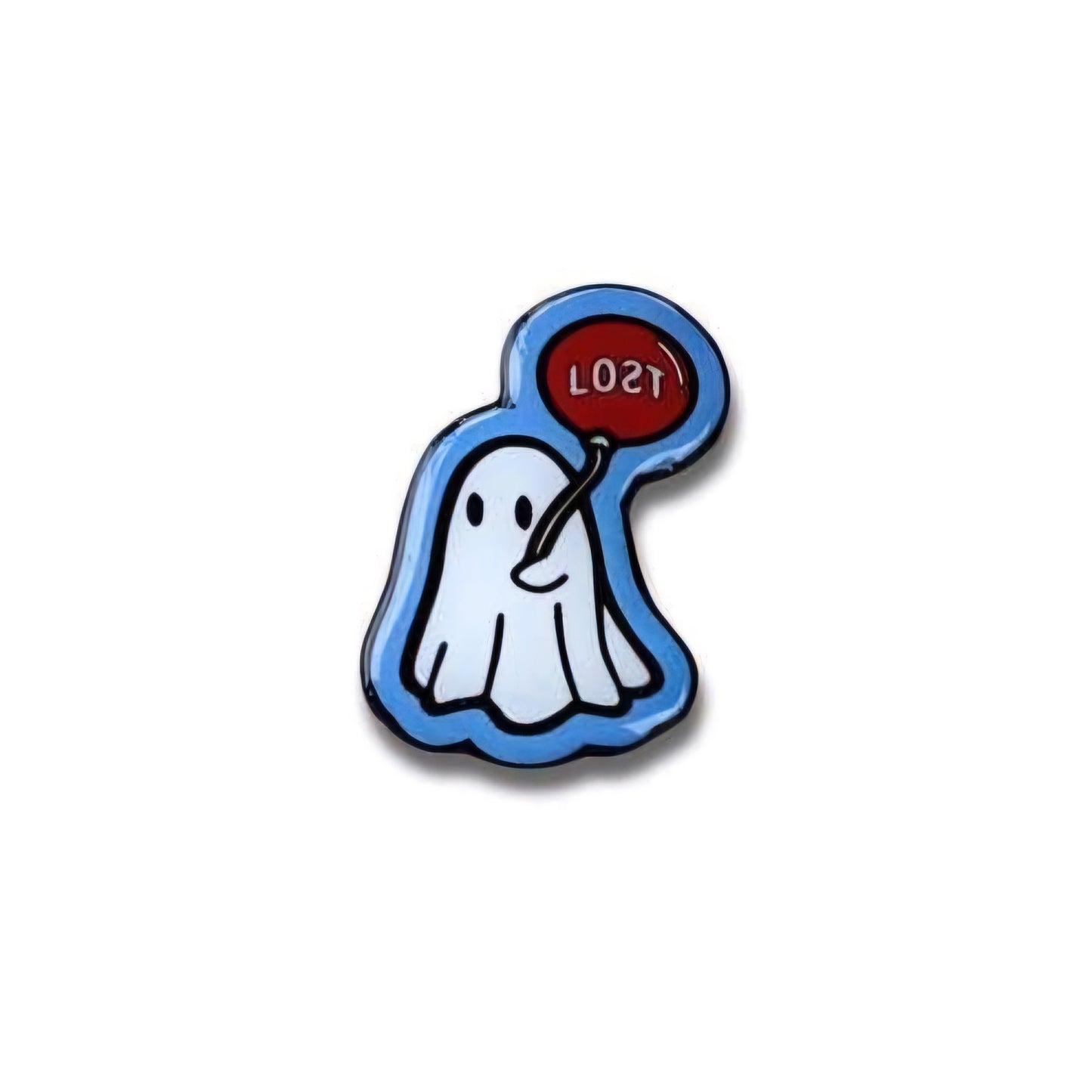 LOƧT - Sad Ghost pin with extended post and rubber stopper.