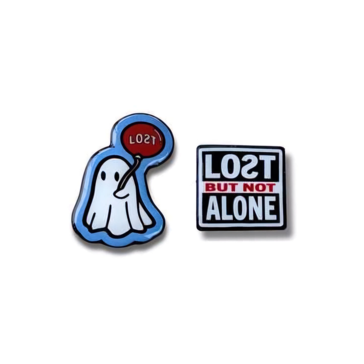 LOƧT - Sad Ghost pin with extended post and rubber stopper.