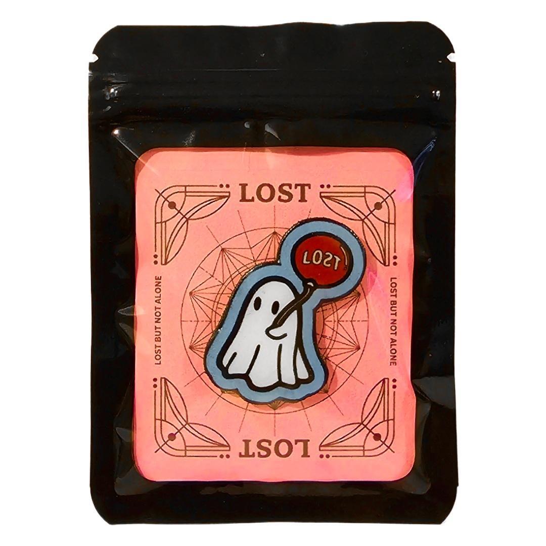 LOƧT - Sad Ghost pin with extended post and rubber stopper.