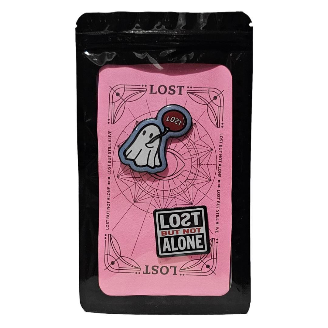 LOƧT - Sad Ghost pin with extended post and rubber stopper.