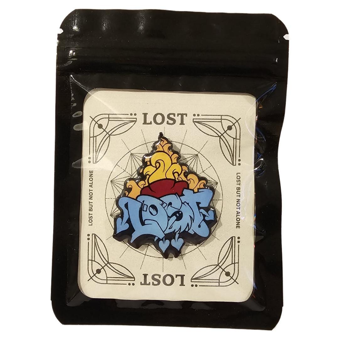 LOƧT - Sacred Heart pin with extended post and rubber stopper.