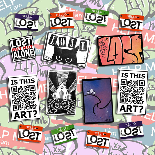 A large display of graffiti stickers of various sizes and colors. The display includes a selection of hand drawn stickers, stamped stickers, and diecut graffiti stickers. These stickers are shown against a background of graffiti stickers.