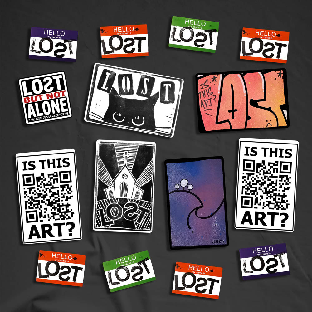 A large display of graffiti stickers of various sizes and colors. The display includes a selection of hand drawn stickers, stamped stickers, and diecut graffiti stickers. These stickers are shown against a black textured background.