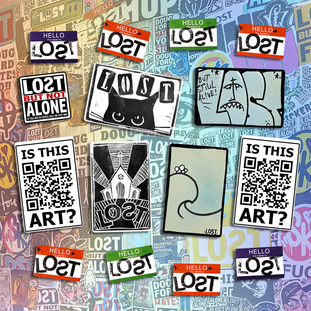 A large display of graffiti stickers of various sizes and colors. The display includes a selection of hand drawn stickers, stamped stickers, and diecut graffiti stickers. These stickers are shown against a background of graffiti stickers.