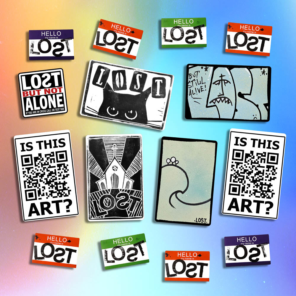 A large display of graffiti stickers of various sizes and colors. The display includes a selection of hand drawn stickers, stamped stickers, and diecut graffiti stickers. These stickers are shown against a holographic background.