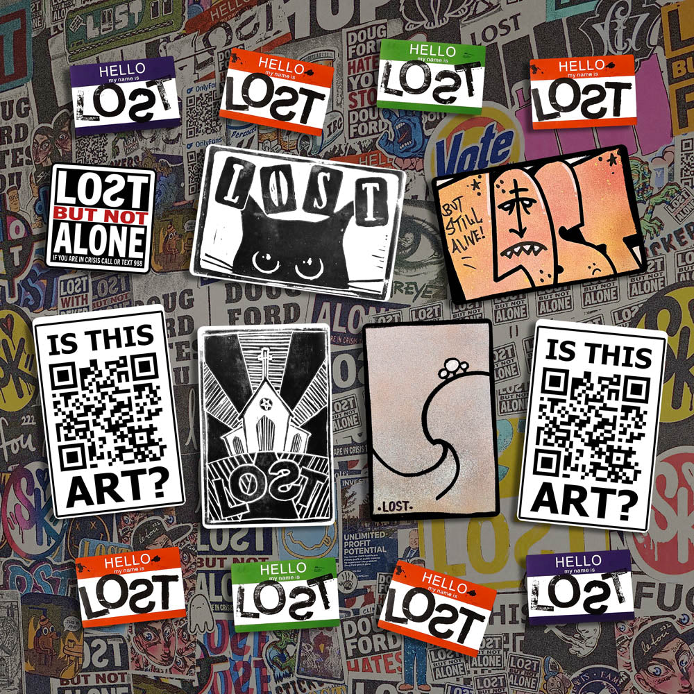 A large display of graffiti stickers of various sizes and colors. The display includes a selection of hand drawn stickers, stamped stickers, and diecut graffiti stickers. These stickers are shown against a background of graffiti stickers.