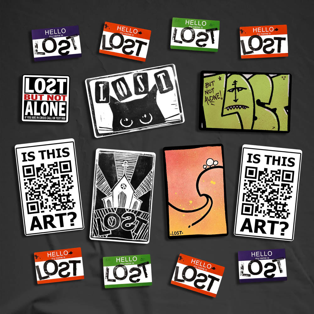 A large display of graffiti stickers of various sizes and colors. The display includes a selection of hand drawn stickers, stamped stickers, and diecut graffiti stickers. These stickers are shown against a black holographic background.