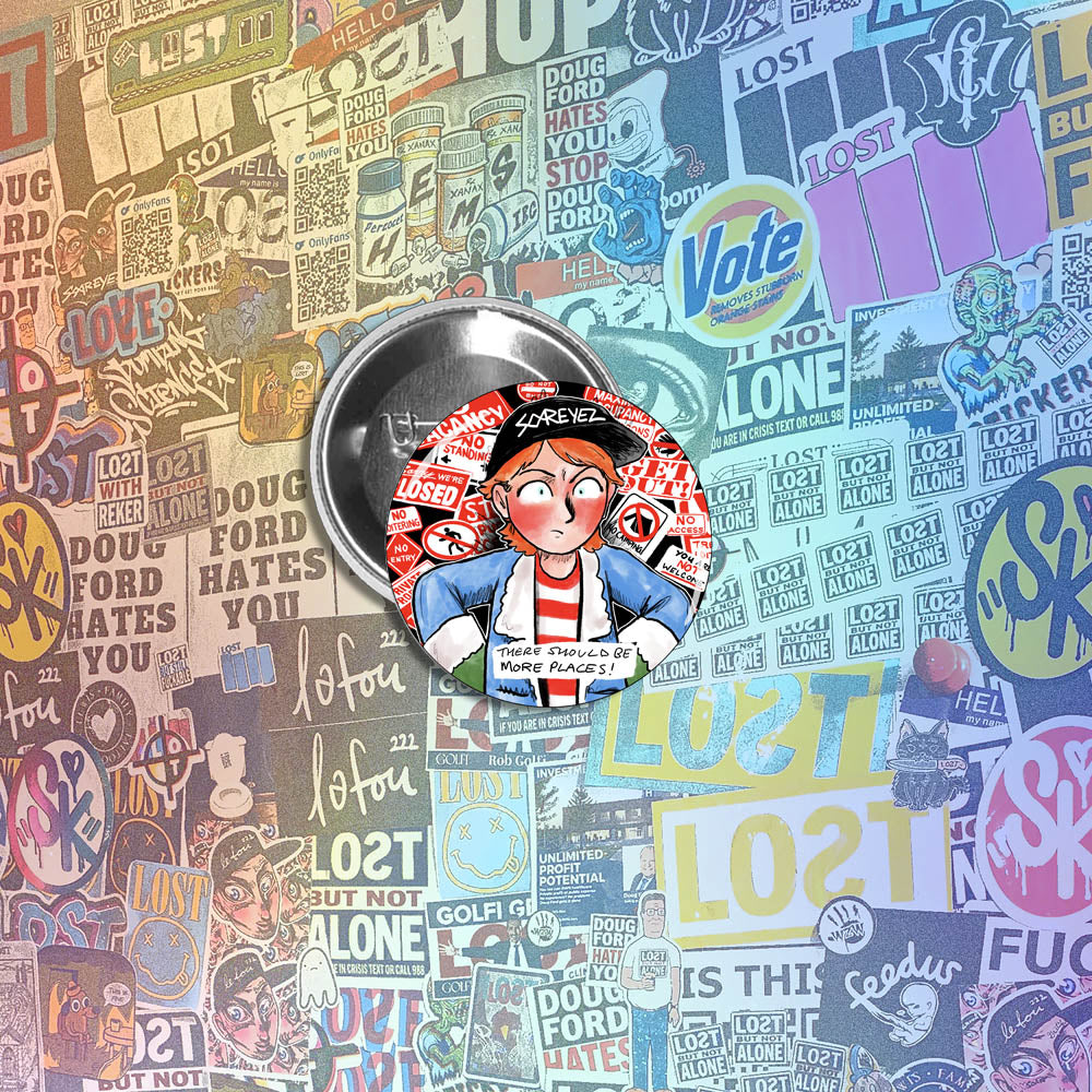 A custom pinback button made by reilly9578. The colorful button is set against a a colorful wall of graffiti stickers.