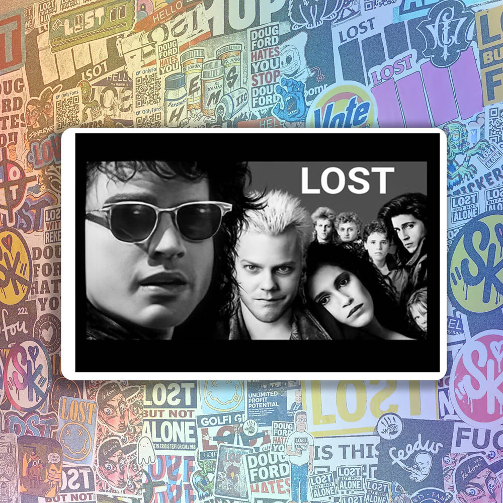 The Lost Boys sticker by LOST. Black and white design featuring an image from the movie- The Lost Boys. The good one. Not the remake.