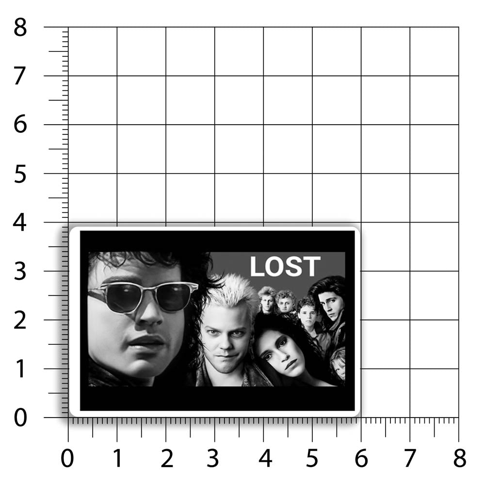 The Lost Boys sticker by LOST. Black and white design featuring an image from the movie- The Lost Boys. The good one. Not the remake. A size chart shows that this rectangular sticker measures 4 by 6 inches and has rounded corners.